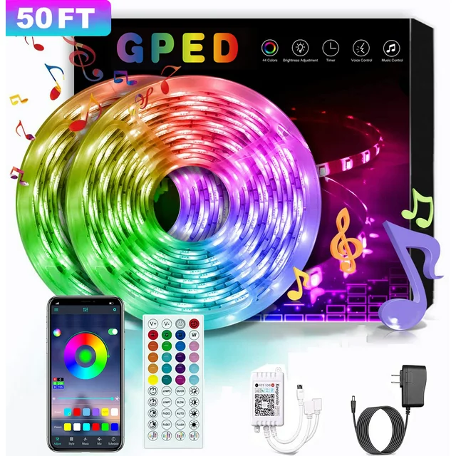 50FT/15M LED Strip Light, Smart RGB 5050 SMD Led Light Strip Music Sync 300LEDs Color Changing Light Strips Bluetooth APP Control with 44-Key Remote for Bedroom Room TV Party