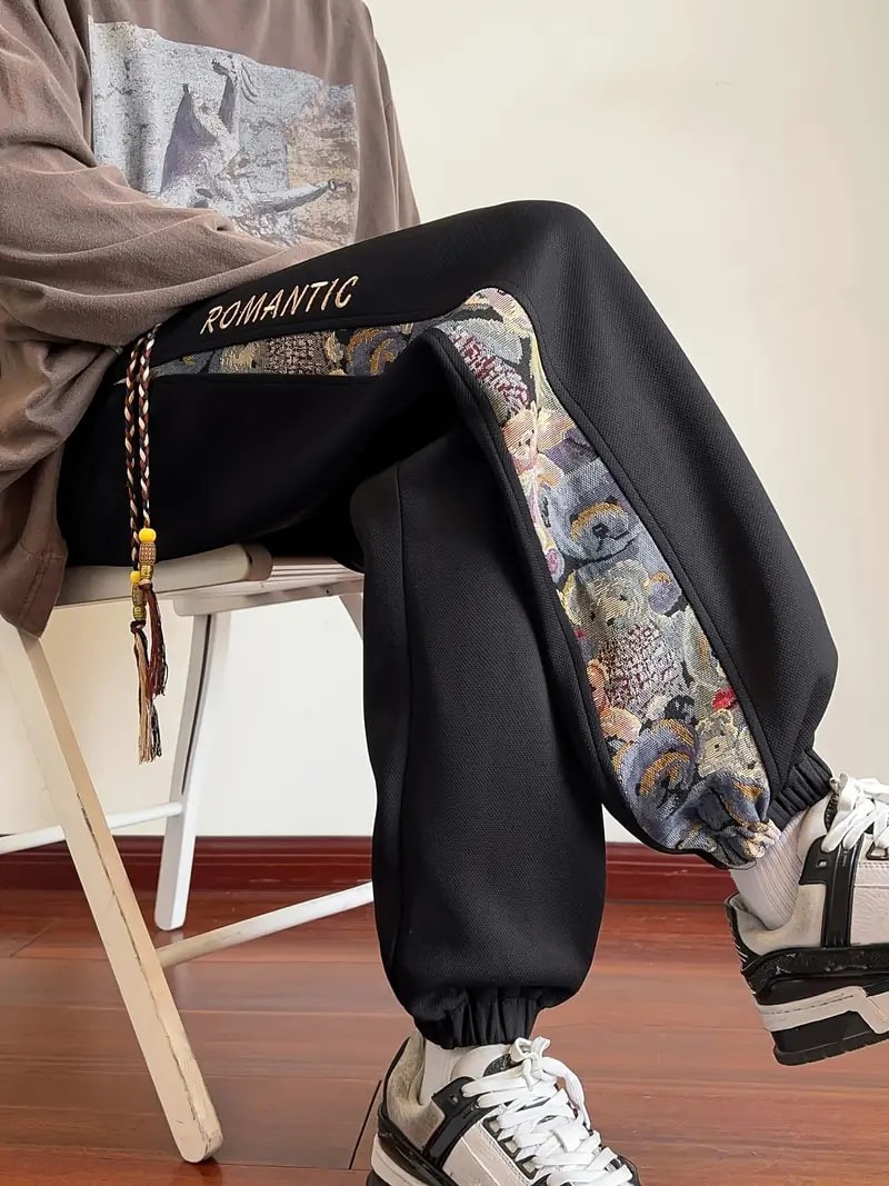 Men's Loose Fit Bear Embroidery Joggers, Casual Stretch Street Style Sports Pants