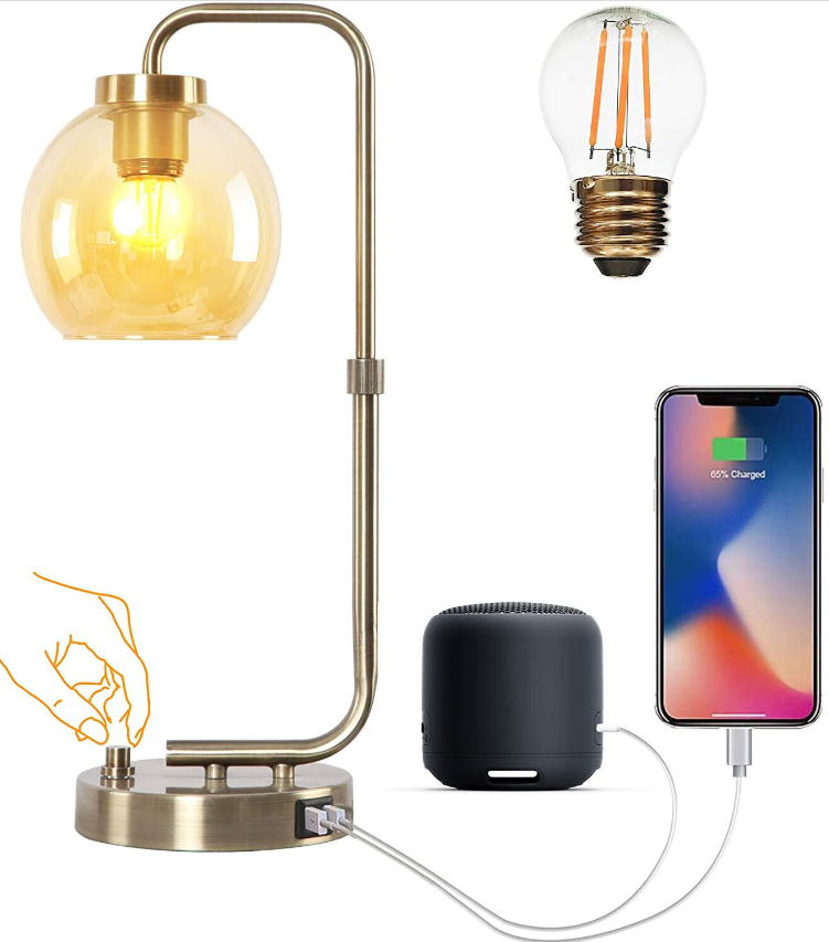 Industrial Table Lamp w/ 2 USB Ports, stepless dimmable Lamp w/ E26 Edison bulb