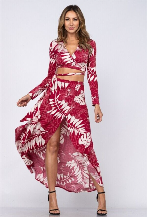 Wine Red Floral Crop Top and Maxi Skirt Set Size Medium Summer Travel Tropical