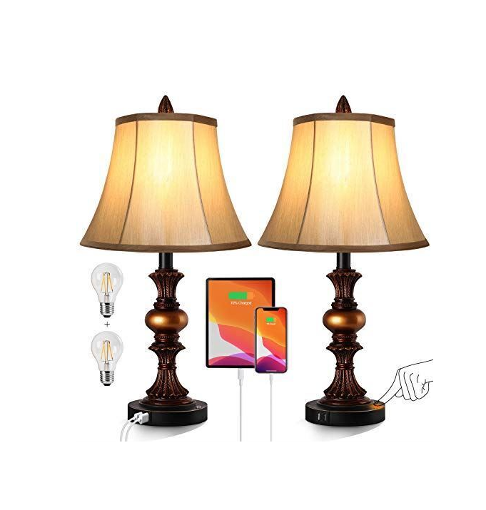 Touch Control Traditional Table Lamp Set of 2, Vintage Bedside Lamps with Dual U